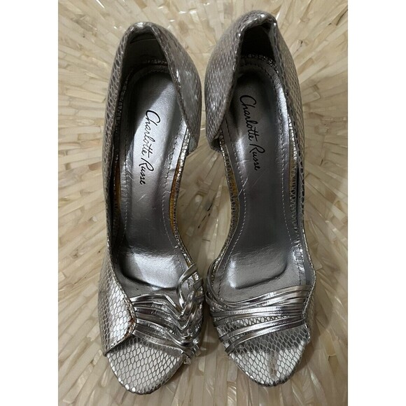 Charlotte Russe Shoes High Heel Open‎ Toe Strappy Faux Snakeskin Y2K Silver 8 - Picture 2 of 5